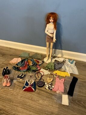 Lot of 25 BJD Strawberry Blonde Doll, Clothes, Shoes, Purses & Stand